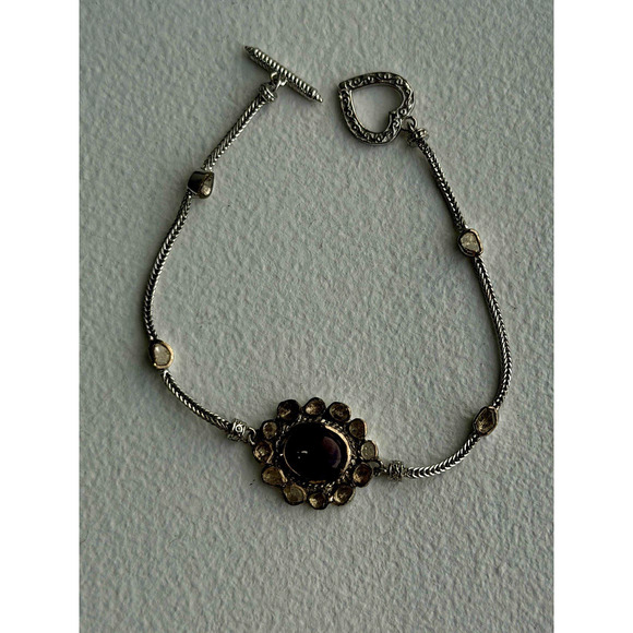 Antique Djoy 925 Sterling Silver Ruby & Beryl Flower Heart Bracelet 7